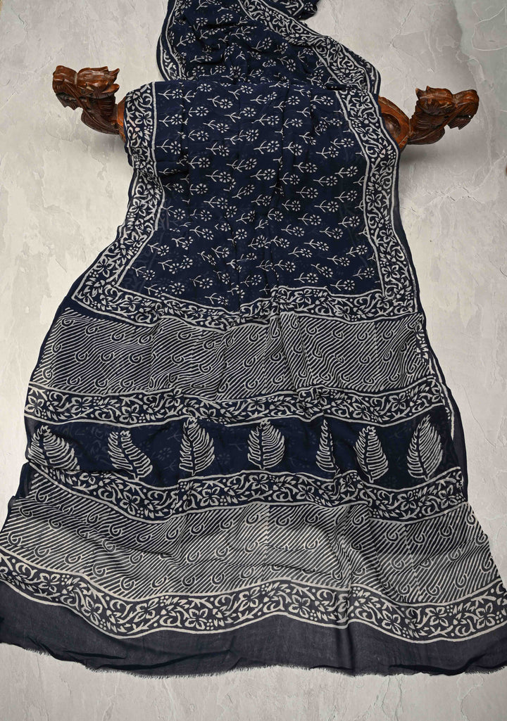 Midnight Blue Georgette Saree with Hand Block Print