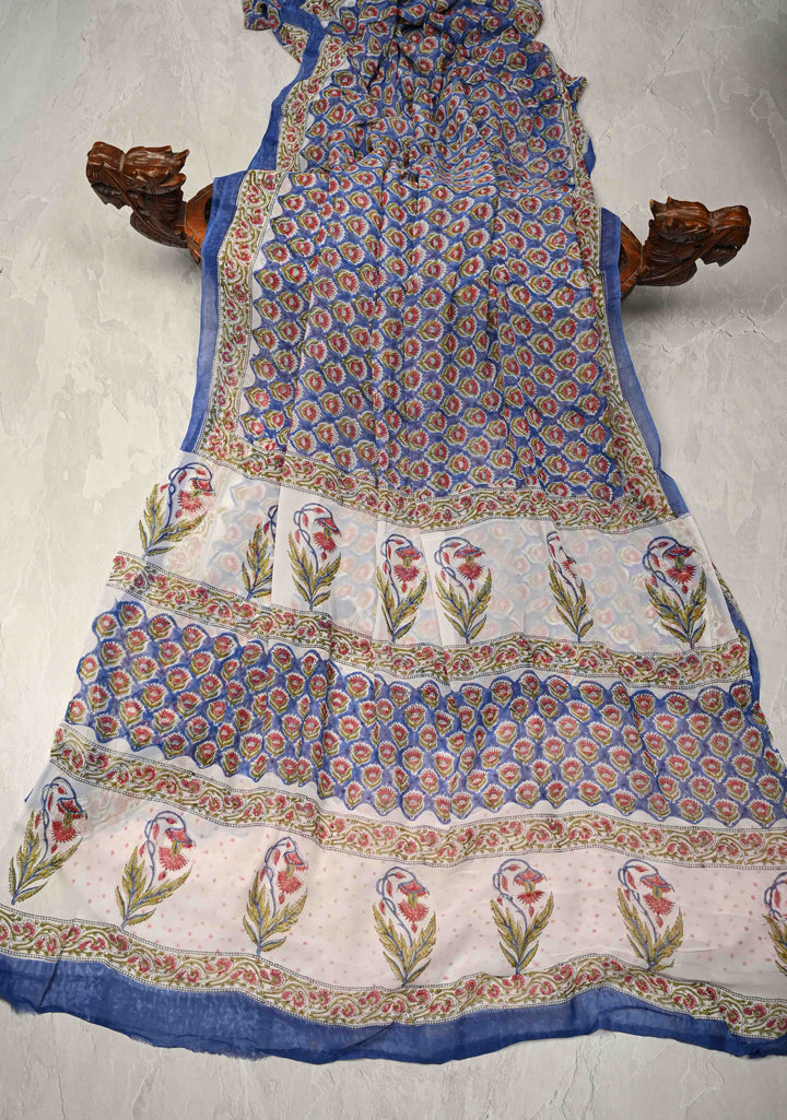 Blue Georgette Saree with Sanganeri Hand Block Print