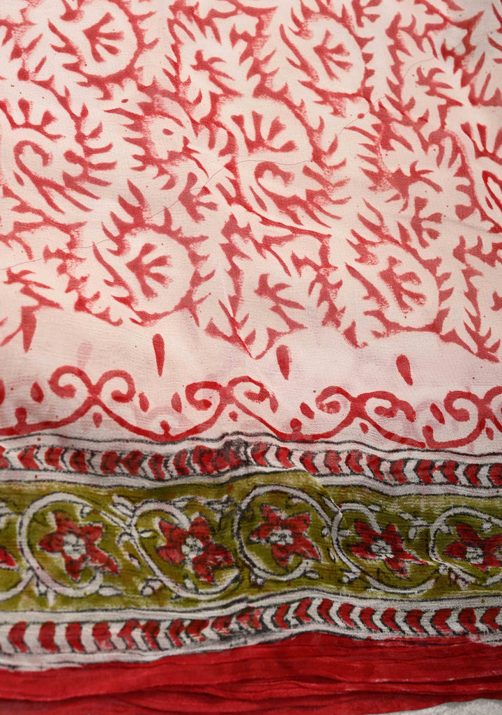 White Georgette Saree with Sanganeri Hand Block Print