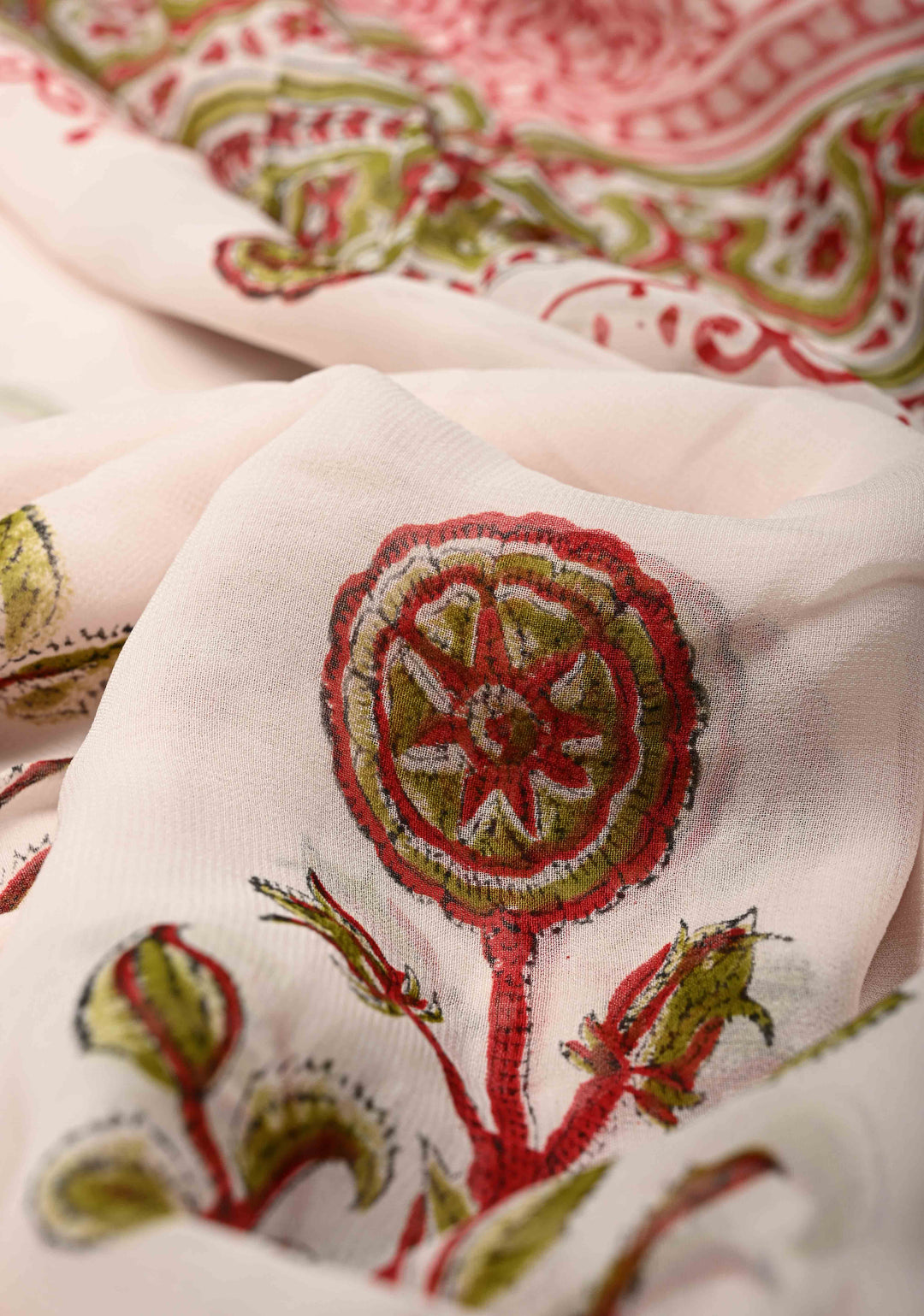 White Georgette Saree with Sanganeri Hand Block Print