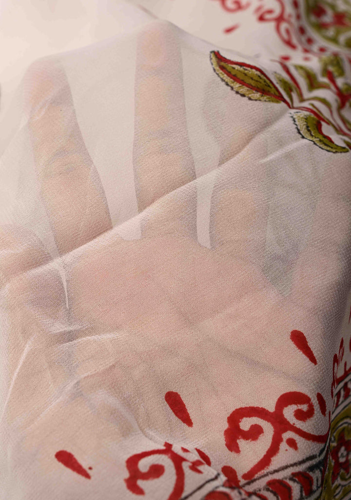 White Georgette Saree with Sanganeri Hand Block Print