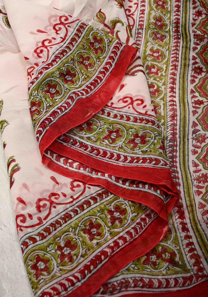 White Georgette Saree with Sanganeri Hand Block Print