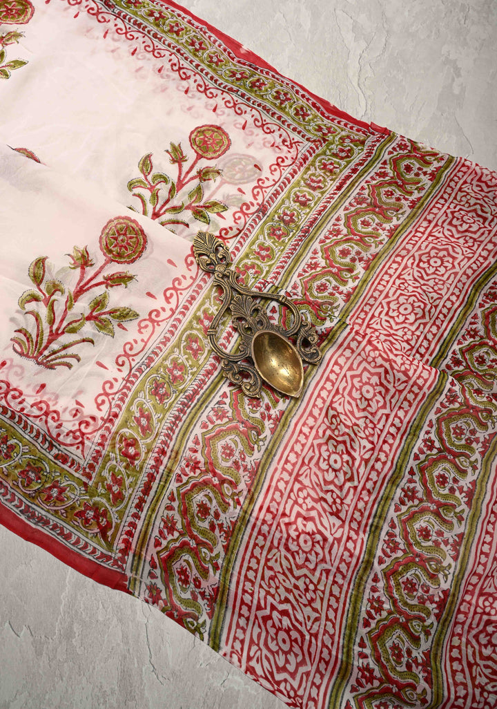 White Georgette Saree with Sanganeri Hand Block Print