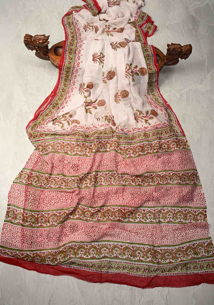 White Georgette Saree with Sanganeri Hand Block Print