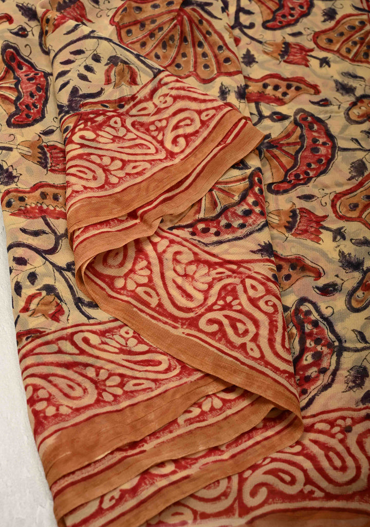 Dark Beige Georgette Saree with Sanganeri Hand Block Print