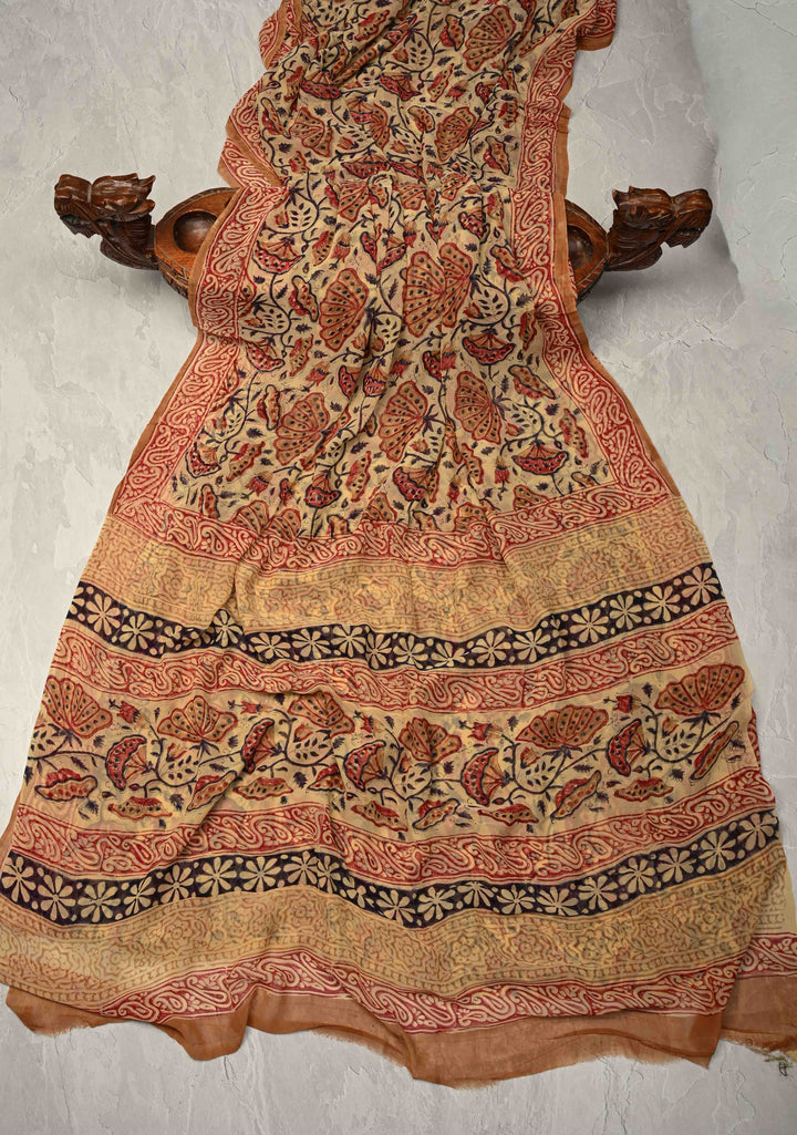 Dark Beige Georgette Saree with Sanganeri Hand Block Print