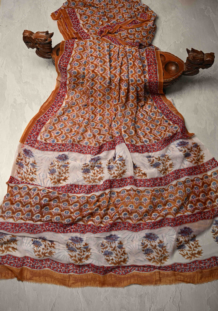 Peanut Brown Georgette Saree with Sanganeri Hand Block Print