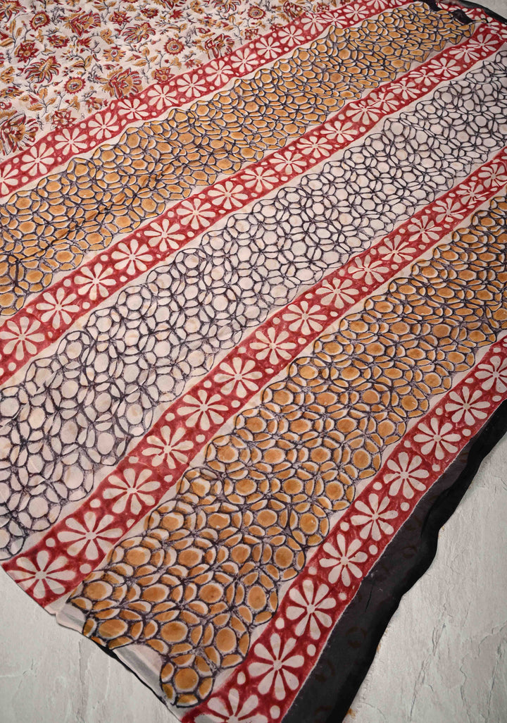 White Georgette Saree with Sanganeri Hand Block Print