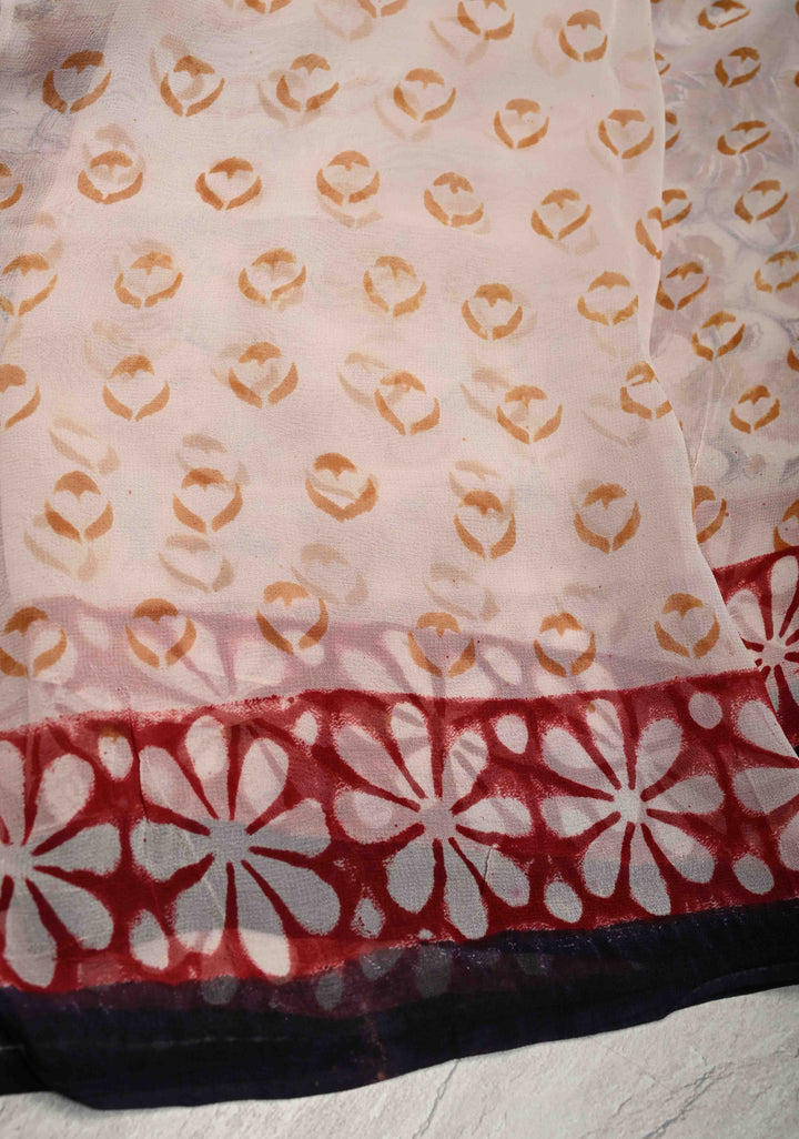 White Georgette Saree with Sanganeri Hand Block Print