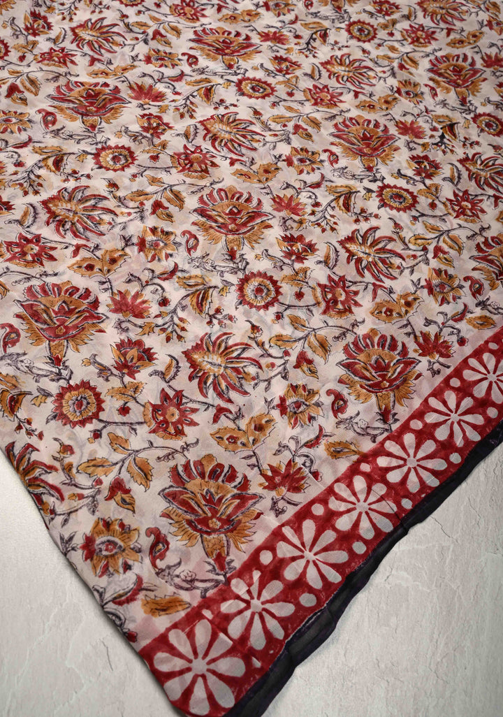 White Georgette Saree with Sanganeri Hand Block Print