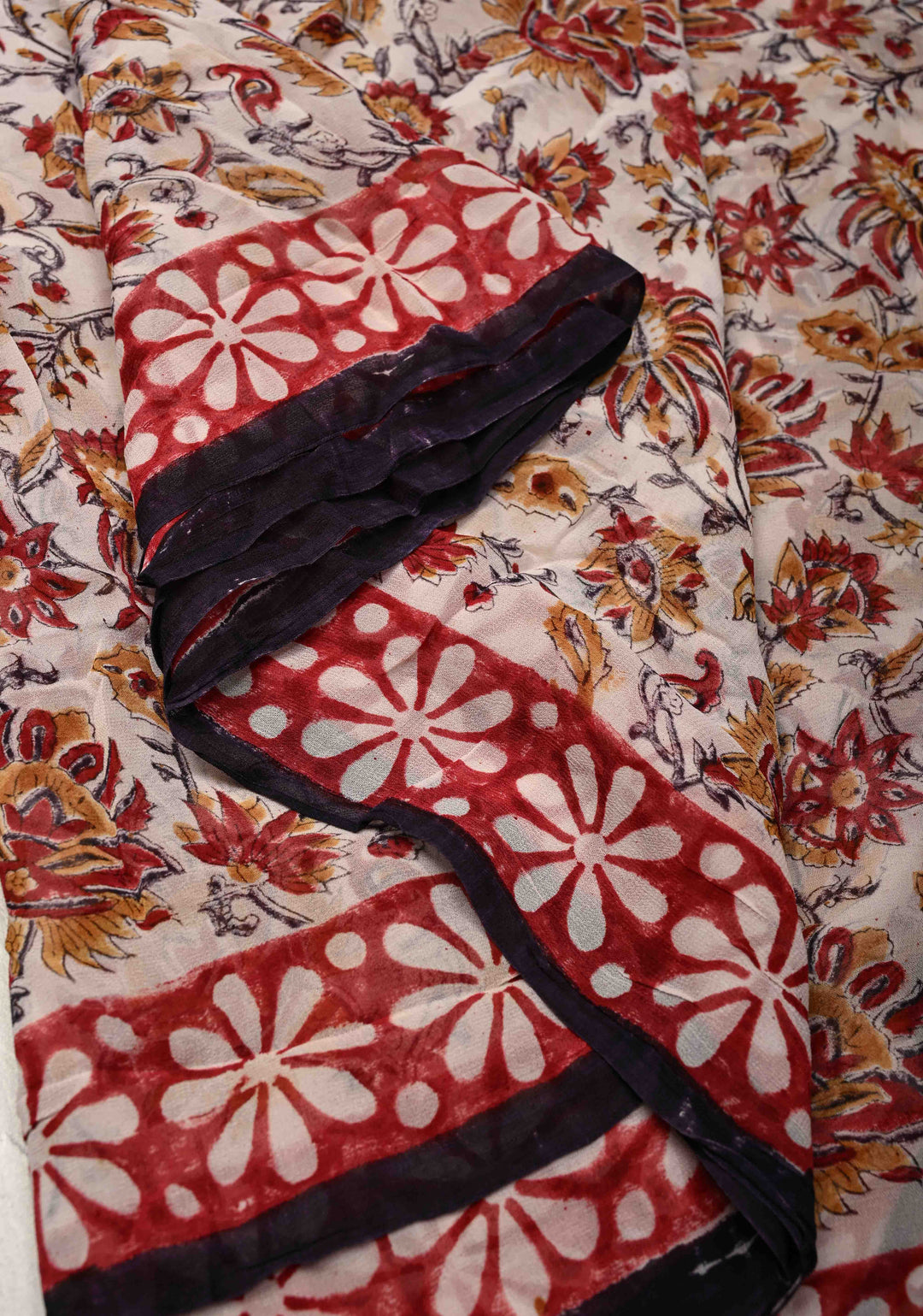 White Georgette Saree with Sanganeri Hand Block Print