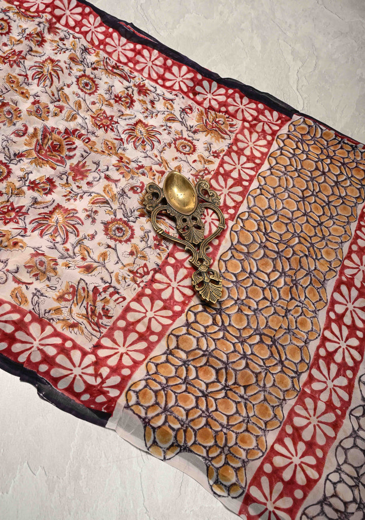 White Georgette Saree with Sanganeri Hand Block Print