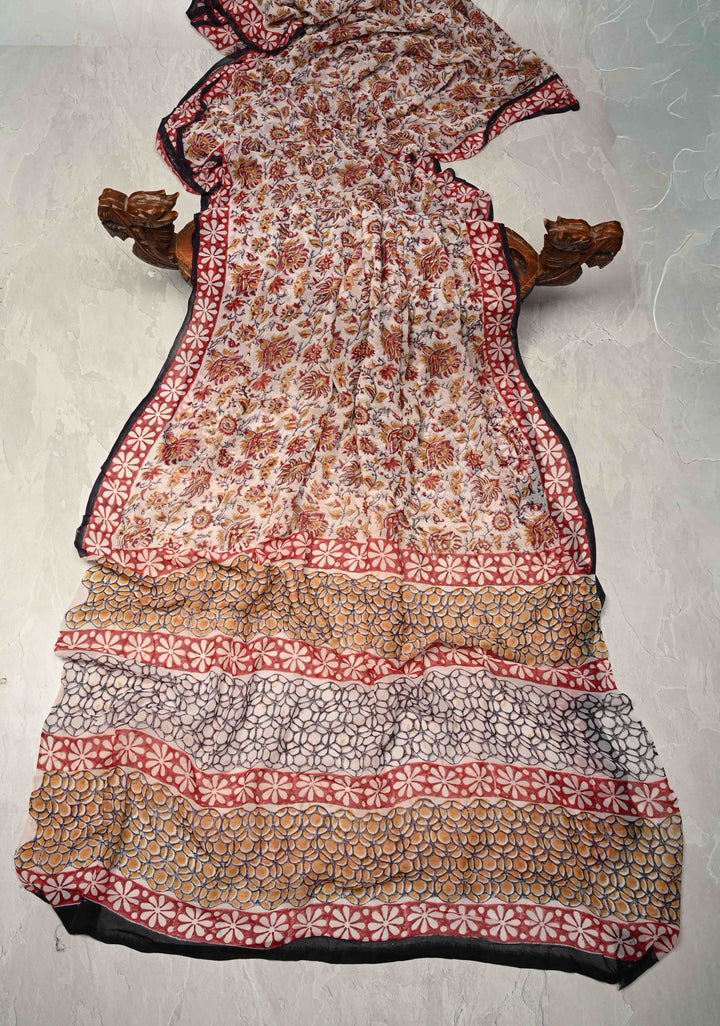 White Georgette Saree with Sanganeri Hand Block Print