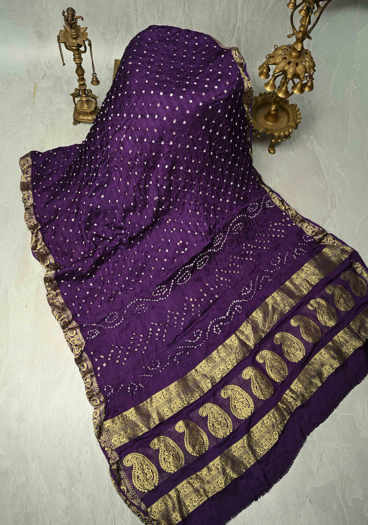 Eggplant Purple Modal Silk Saree with Sarkam Bandhej and Minimal Zari Border
