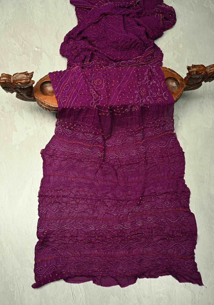 Authentic Borderless Purple Silk Georgette Saree with Sarkam Bandhani | SILK MARK CERTIFIED