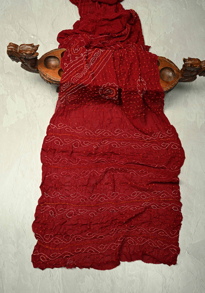 Authentic Maroon Silk Georgette Saree with Sarkam Bandhani | SILK MARK CERTIFIED