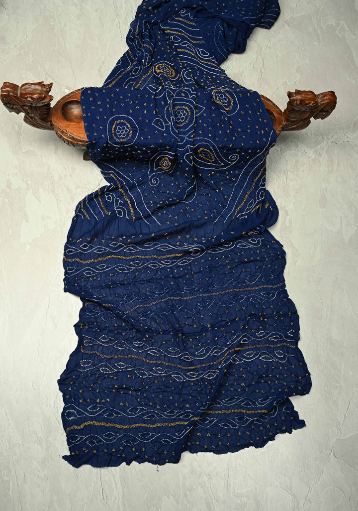 Authentic Ink Blue Silk Georgette Saree with Sarkam Bandhani | SILK MARK CERTIFIED