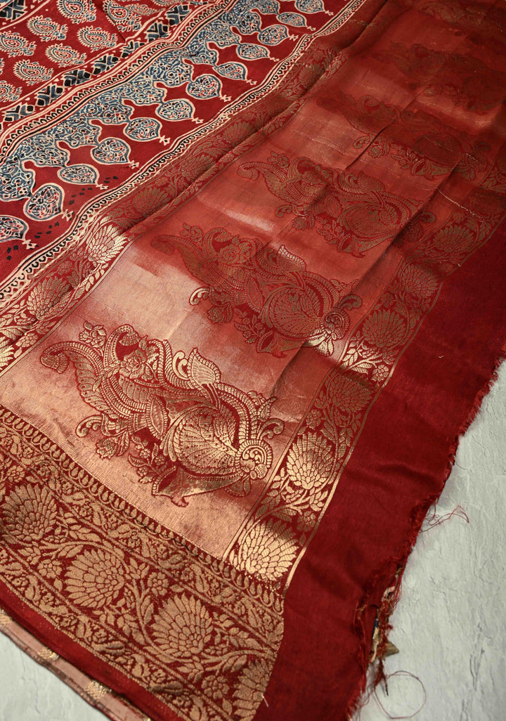 Multicolor Dola Silk Saree with Chevron Hand Block Print and Fancy Zari Border