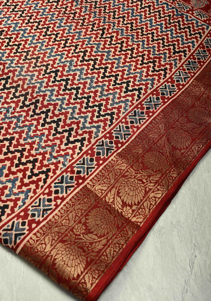 Multicolor Dola Silk Saree with Chevron Hand Block Print and Fancy Zari Border