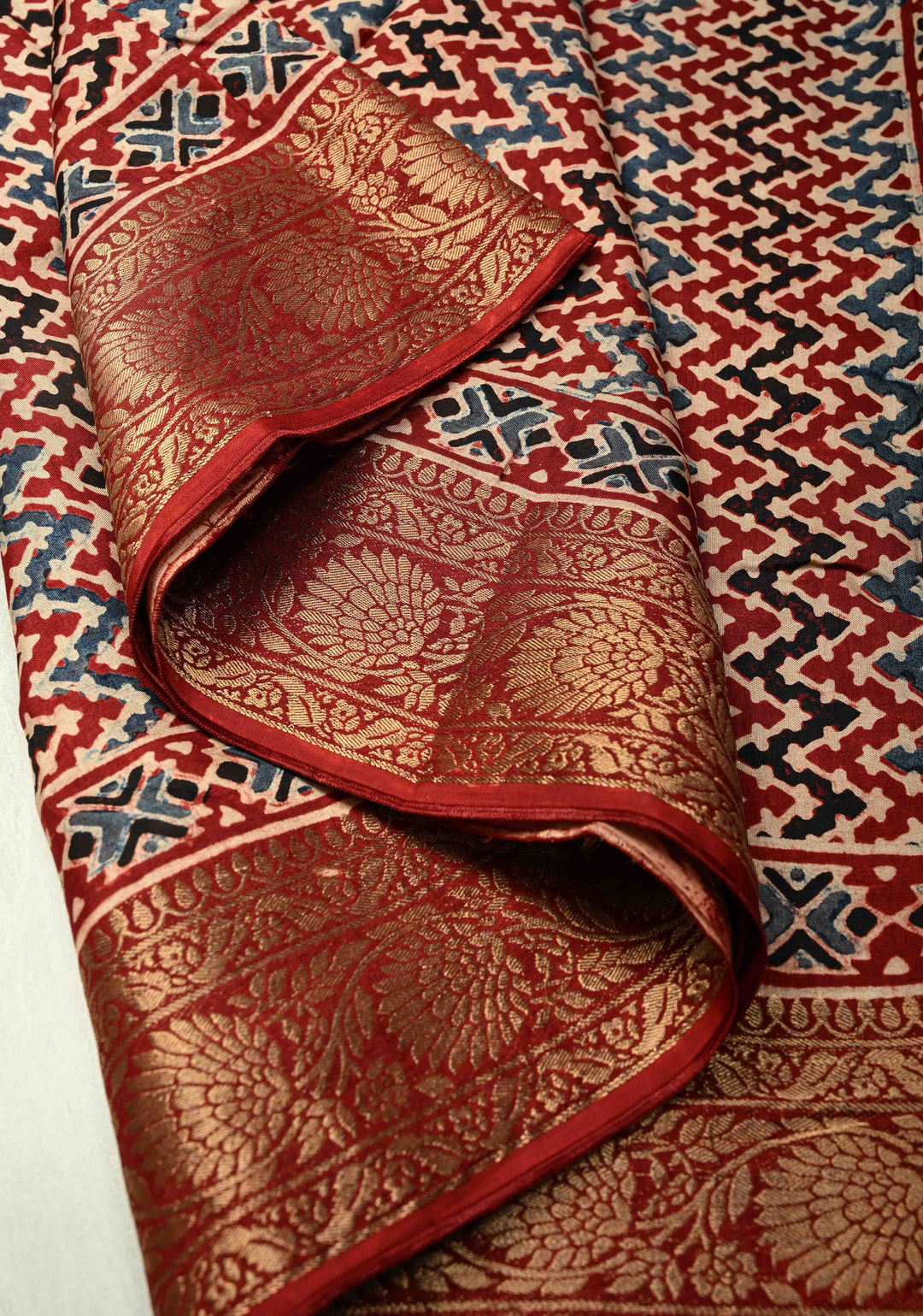 Multicolor Dola Silk Saree with Chevron Hand Block Print and Fancy Zari Border