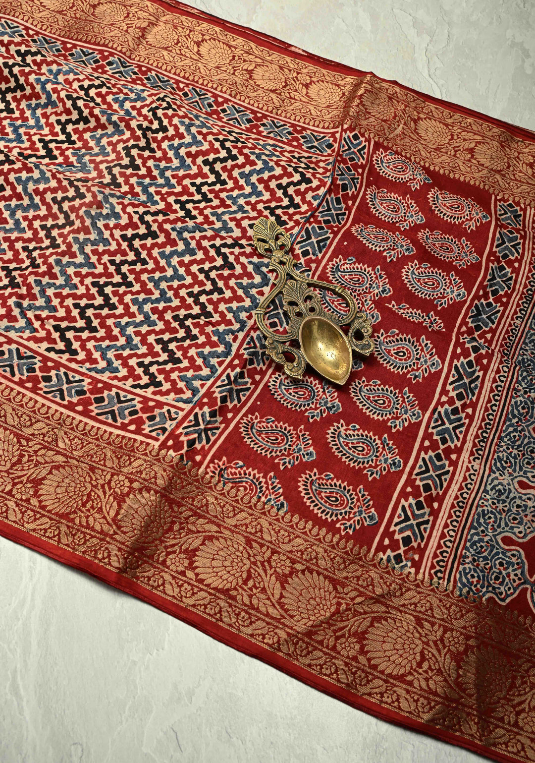 Multicolor Dola Silk Saree with Chevron Hand Block Print and Fancy Zari Border