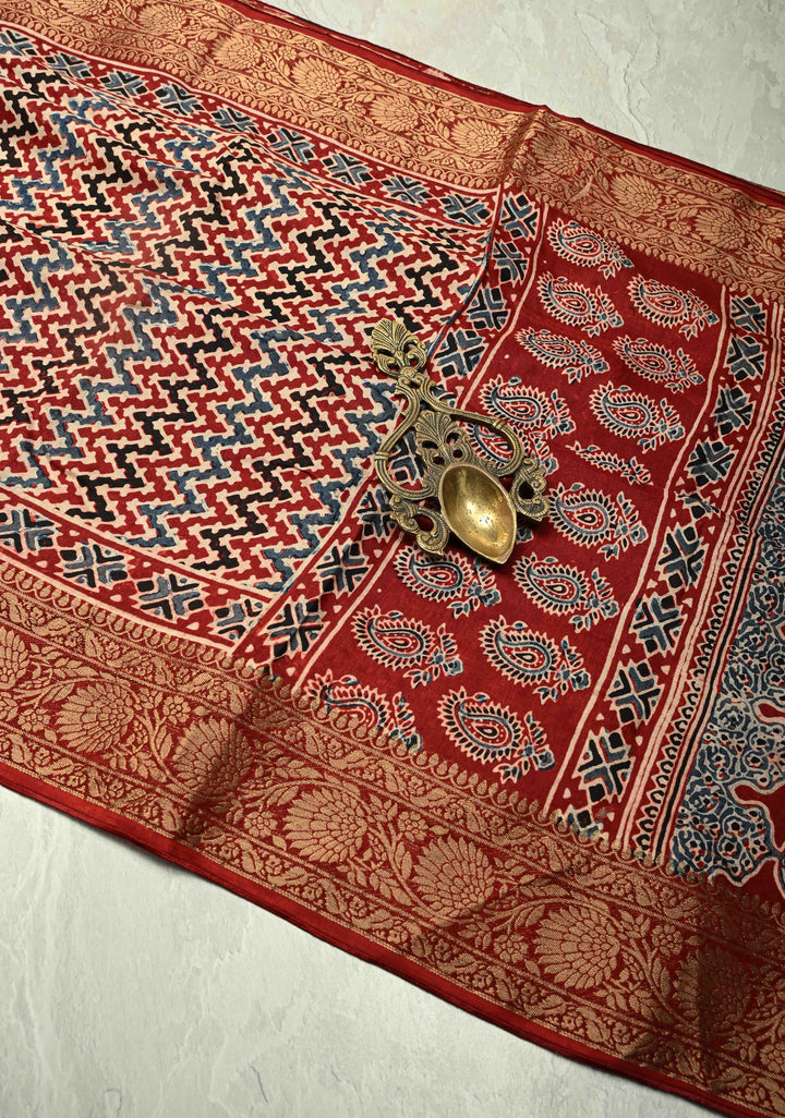 Multicolor Dola Silk Saree with Chevron Hand Block Print and Fancy Zari Border