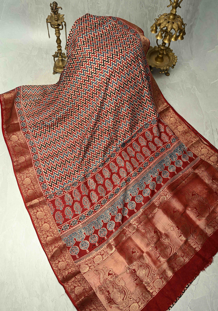 Multicolor Dola Silk Saree with Chevron Hand Block Print and Fancy Zari Border