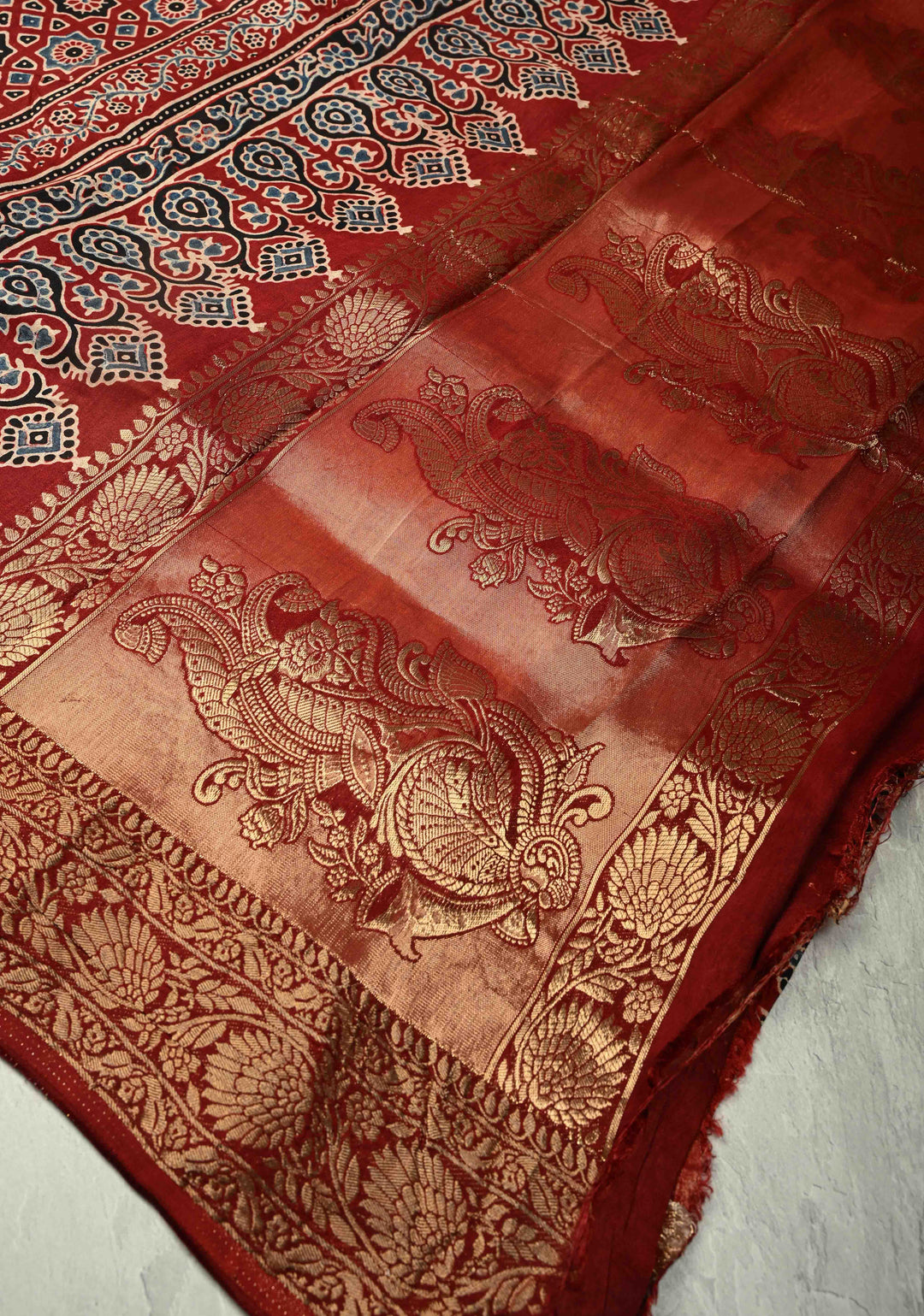 Deep Maroon Dola Silk Saree with Hand Block Print and Fancy Zari Border