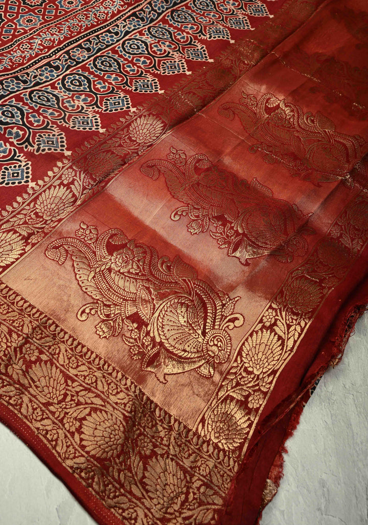 Deep Maroon Dola Silk Saree with Hand Block Print and Fancy Zari Border