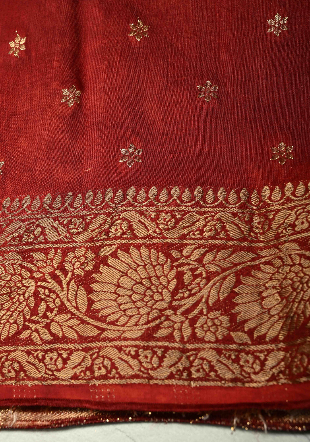 Deep Maroon Dola Silk Saree with Hand Block Print and Fancy Zari Border
