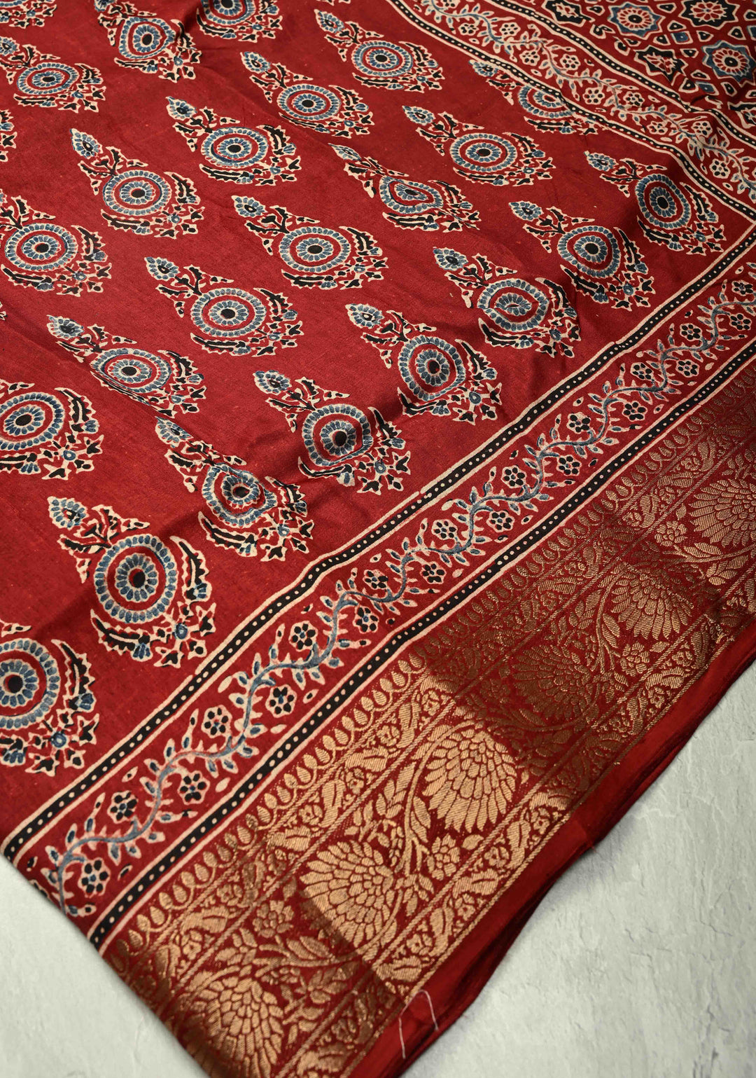 Deep Maroon Dola Silk Saree with Hand Block Print and Fancy Zari Border