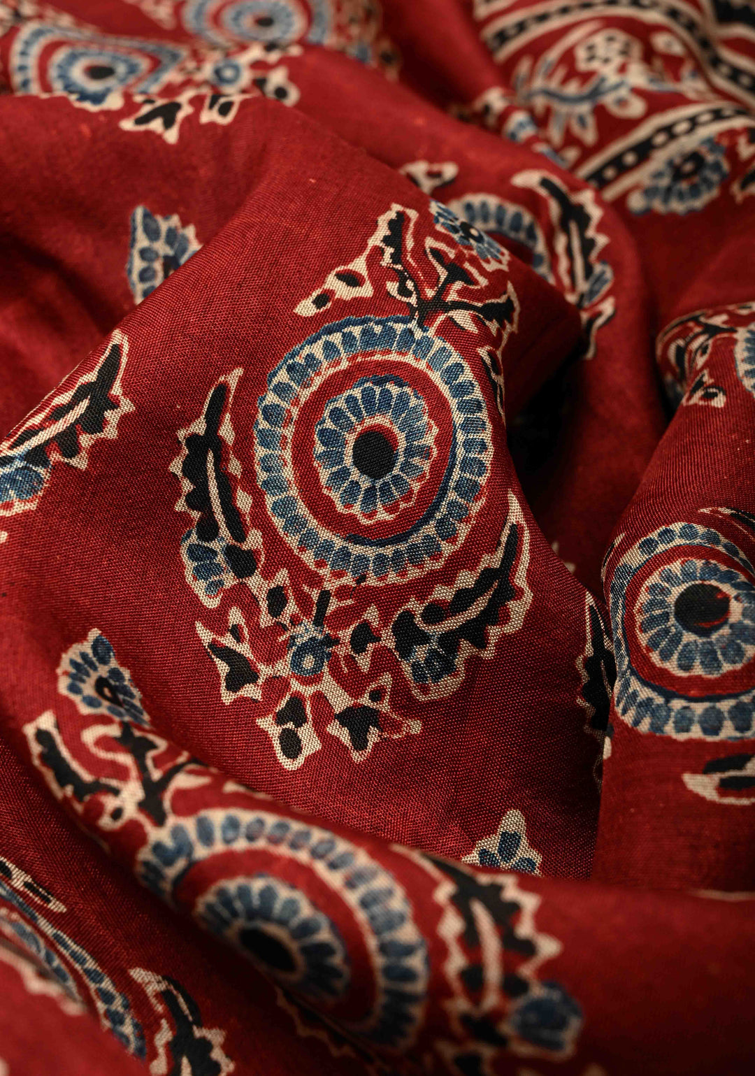 Deep Maroon Dola Silk Saree with Hand Block Print and Fancy Zari Border