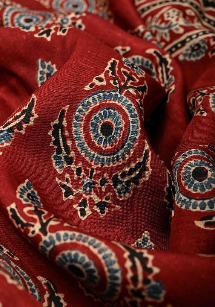 Deep Maroon Dola Silk Saree with Hand Block Print and Fancy Zari Border