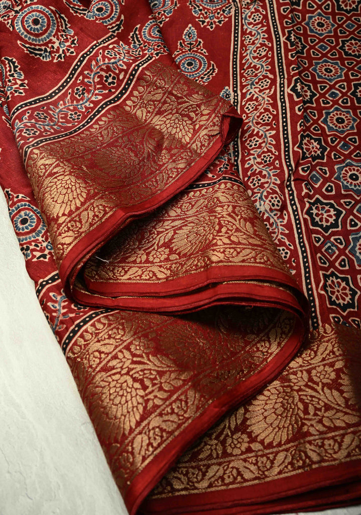 Deep Maroon Dola Silk Saree with Hand Block Print and Fancy Zari Border