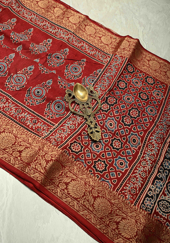 Deep Maroon Dola Silk Saree with Hand Block Print and Fancy Zari Border