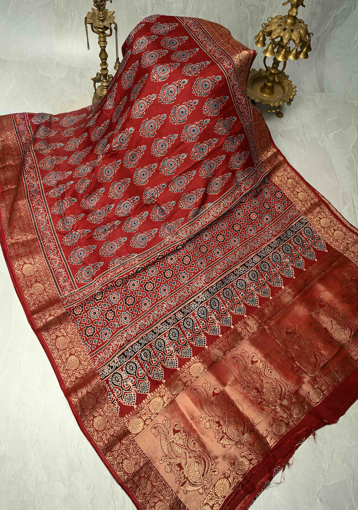 Deep Maroon Dola Silk Saree with Hand Block Print and Fancy Zari Border