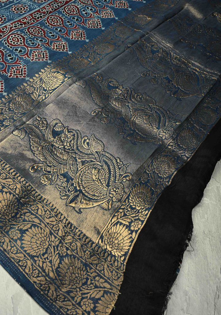 Indigo Dola Silk Saree with Floral Hand Block Print and Fancy Zari Border