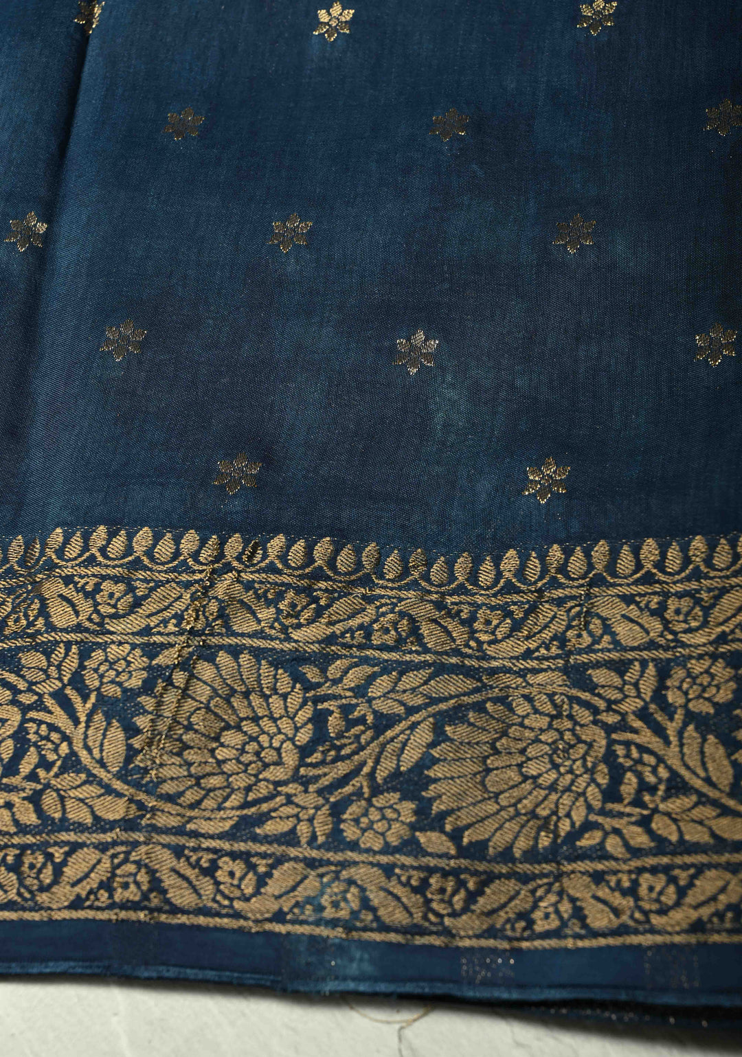 Indigo Dola Silk Saree with Floral Hand Block Print and Fancy Zari Border