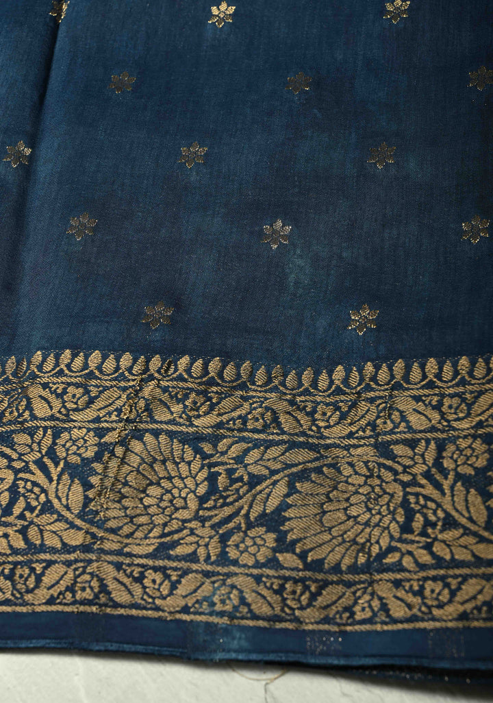 Indigo Dola Silk Saree with Floral Hand Block Print and Fancy Zari Border