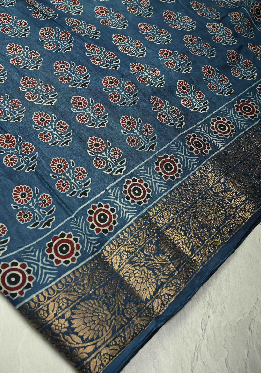 Indigo Dola Silk Saree with Floral Hand Block Print and Fancy Zari Border