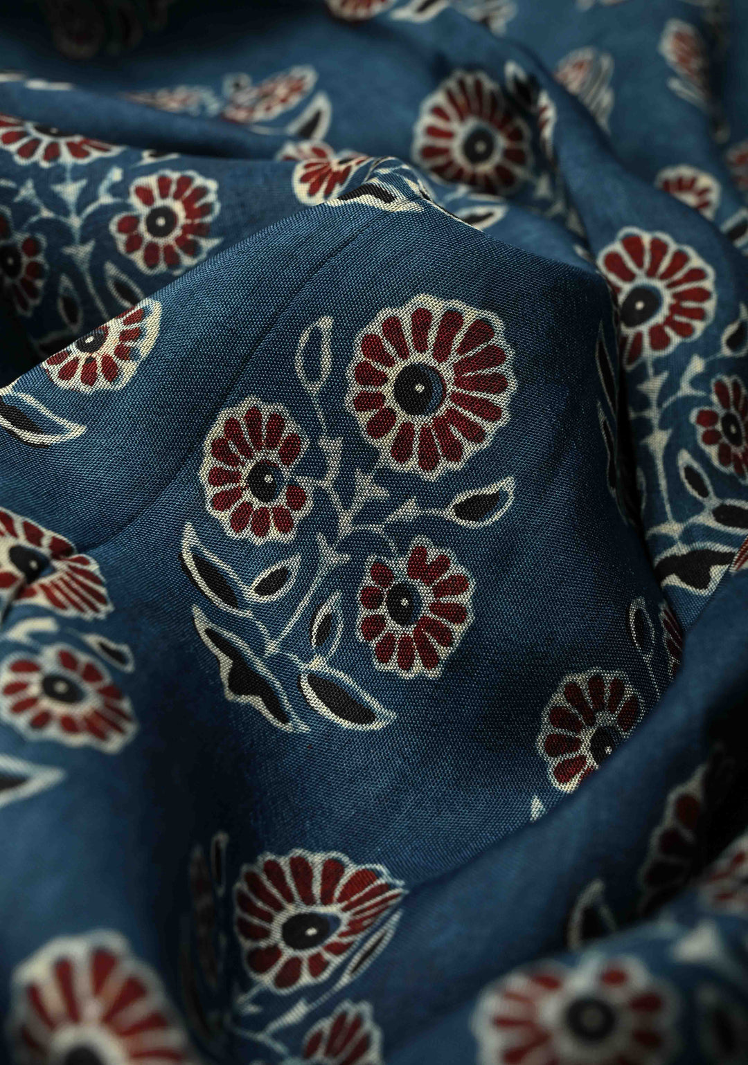 Indigo Dola Silk Saree with Floral Hand Block Print and Fancy Zari Border