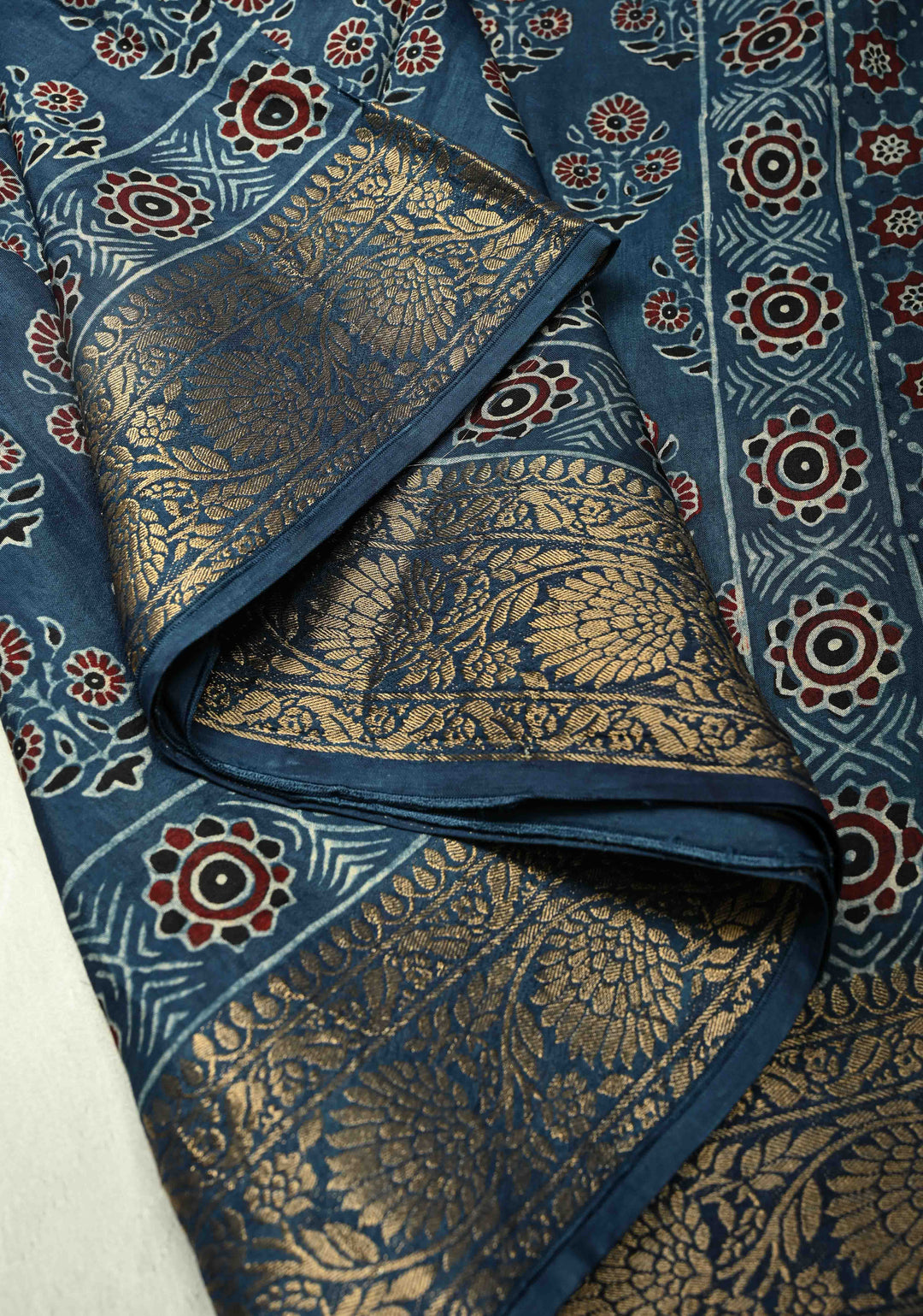 Indigo Dola Silk Saree with Floral Hand Block Print and Fancy Zari Border