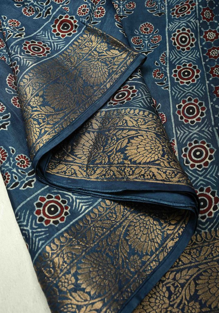 Indigo Dola Silk Saree with Floral Hand Block Print and Fancy Zari Border
