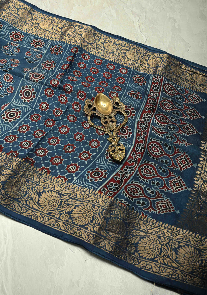 Indigo Dola Silk Saree with Floral Hand Block Print and Fancy Zari Border
