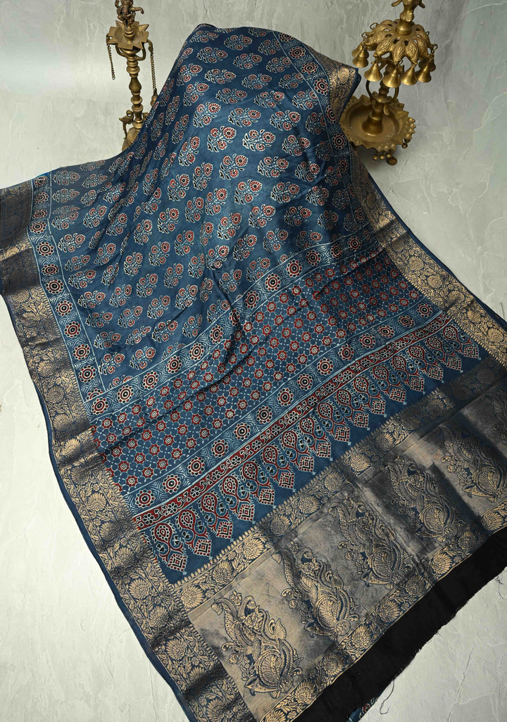 Indigo Dola Silk Saree with Floral Hand Block Print and Fancy Zari Border