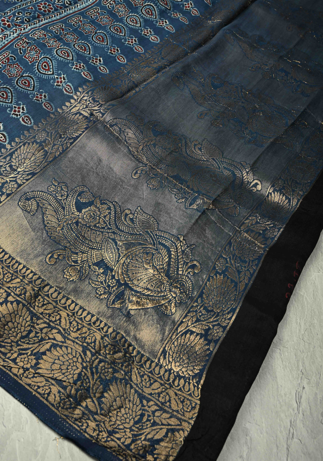 Indigo Dola Silk Saree with Ajrakh Hand Block Print and Fancy Zari Border