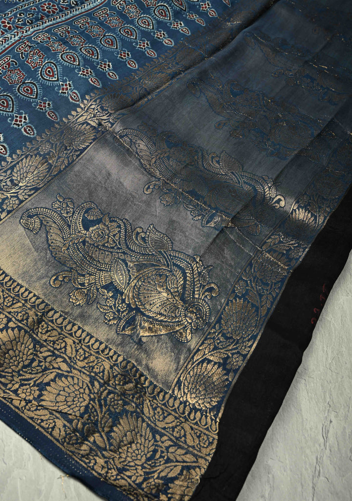 Indigo Dola Silk Saree with Ajrakh Hand Block Print and Fancy Zari Border