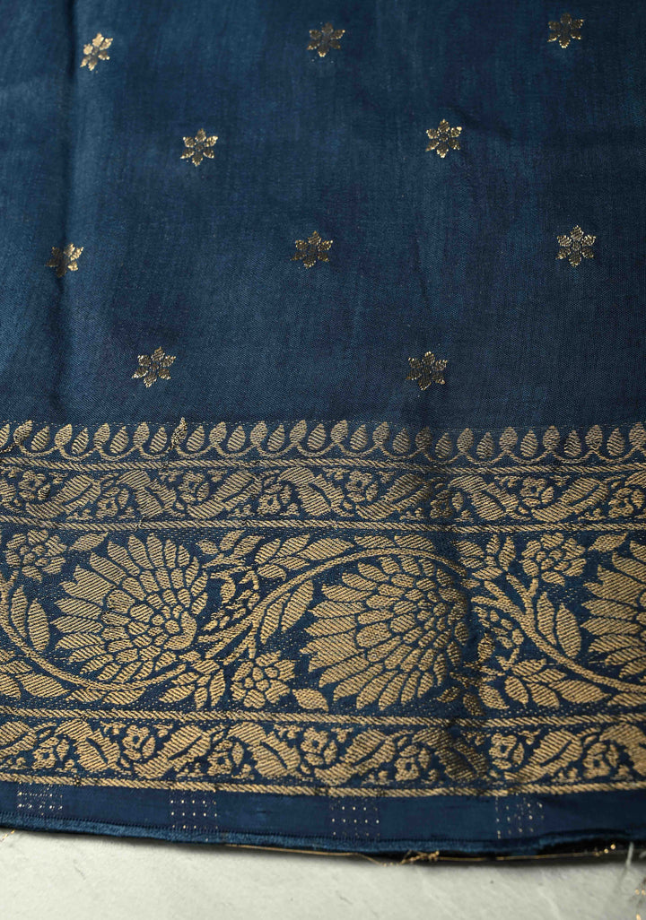 Indigo Dola Silk Saree with Ajrakh Hand Block Print and Fancy Zari Border
