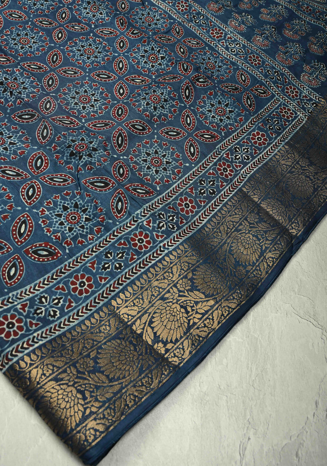 Indigo Dola Silk Saree with Ajrakh Hand Block Print and Fancy Zari Border