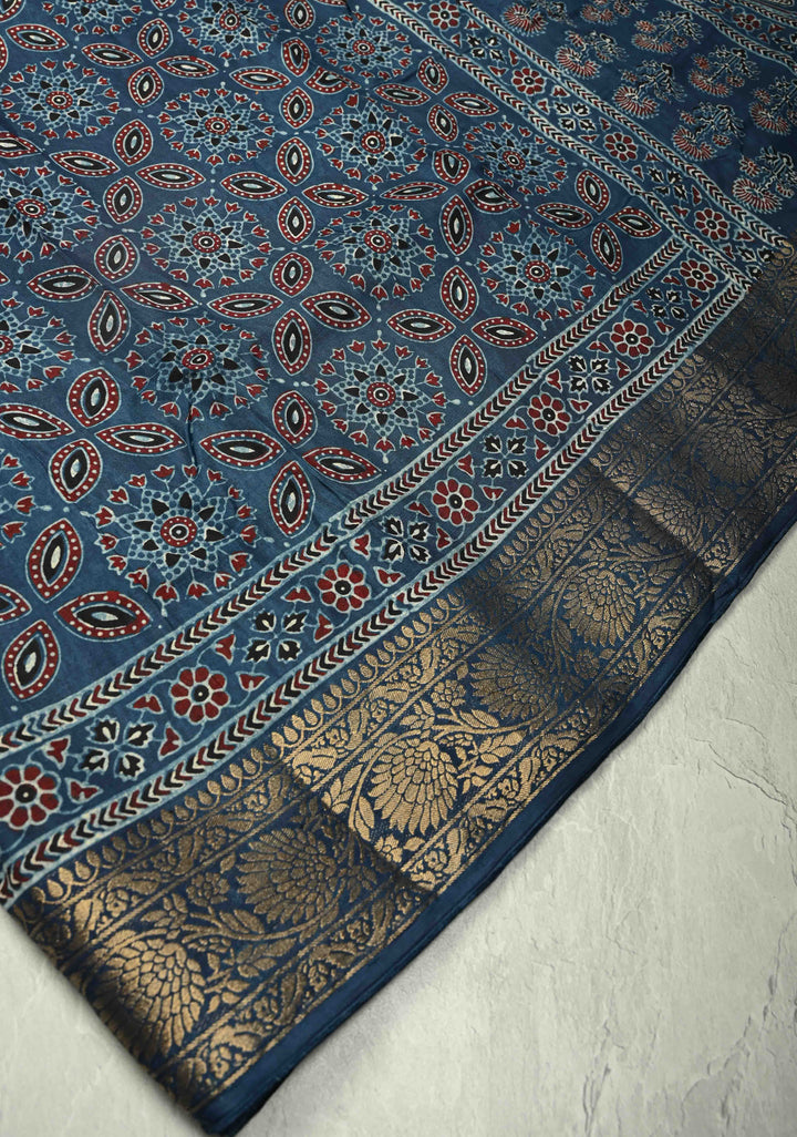 Indigo Dola Silk Saree with Ajrakh Hand Block Print and Fancy Zari Border